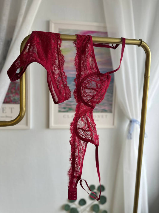 Bordo Dantelli Balenli Balkonet Sütyen Takımı