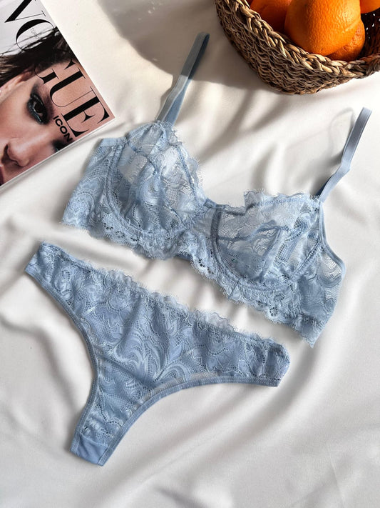 Açık Mavi Dantelli Balenli Balkonet Sütyen Takımı
