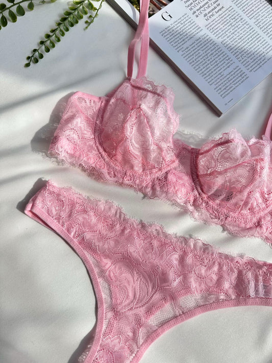Pembe Dantelli Balenli Balkonet Sütyen Takımı