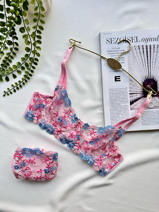 Pembe Çiçekli Balenli Balkonet Sütyen Takımı P1