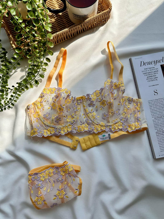 Sarı Çiçekli Balenli Balkonet Sütyen Takımı