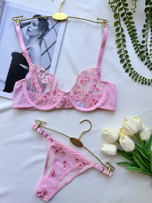 Pembe Çiçekli Balenli Balkonet Sütyen Takımı P3