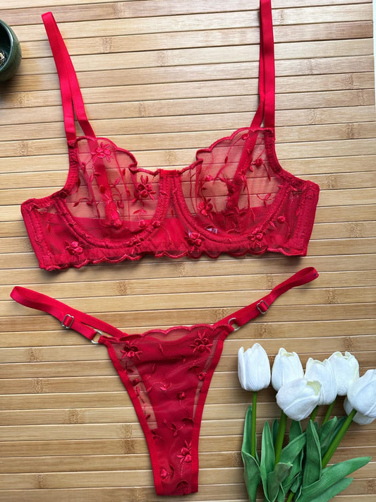 Kırmızı Çiçek Dantelli Balenli Balkonet Sütyen Takımı
