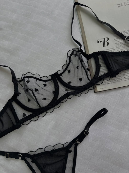Siyah Kalpli Dantelli Balenli Balkonet Sütyen Takımı