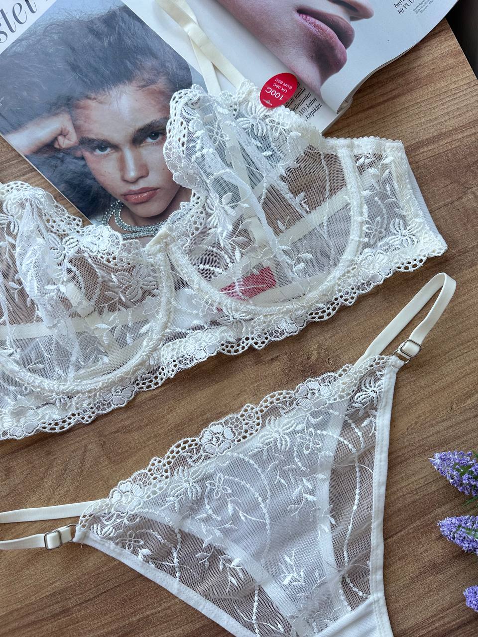 Beyaz Çiçekli Dantelli Balenli Balkonet Sütyen Takımı M2