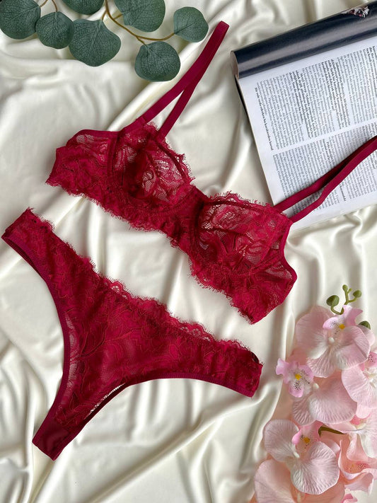 Bordo Dantelli Balenli Balkonet Sütyen Takımı