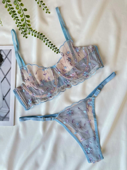 Açık Mavi Çiçekli  Dantelli Balenli Balkonet Sütyen Takımı