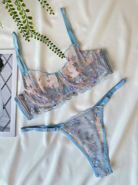 Açık Mavi Çiçekli  Dantelli Balenli Balkonet Sütyen Takımı