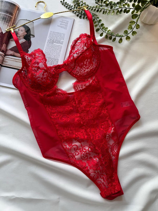 Kırmızı Dantelli Balenli Balkonet Bodysuit