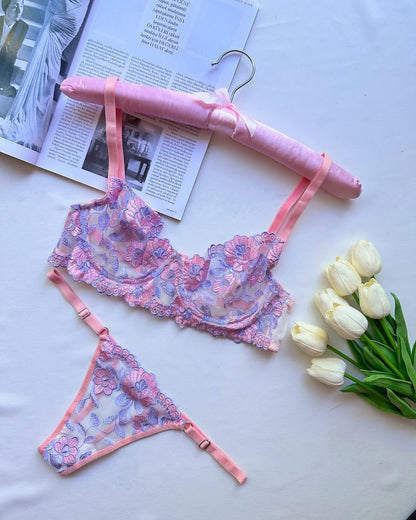 Açık Pembe Çiçekli Balenli Balkonet Sütyen Takımı