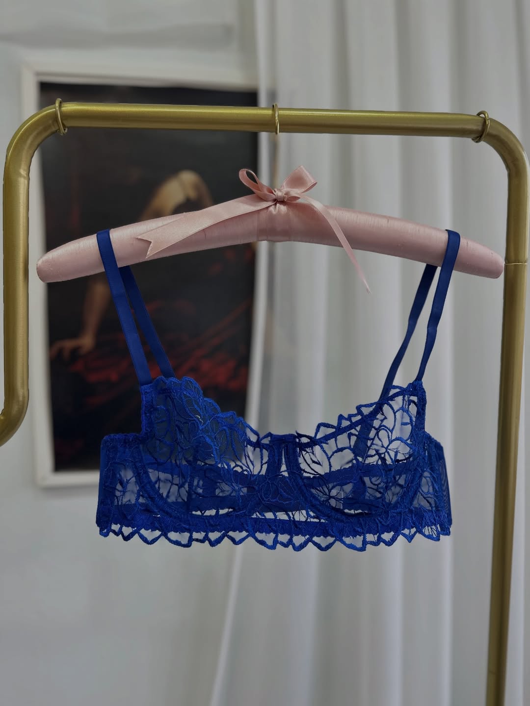 Gece Mavisi Yaprak Dantelli Balenli Balkonet Sütyen Takımı