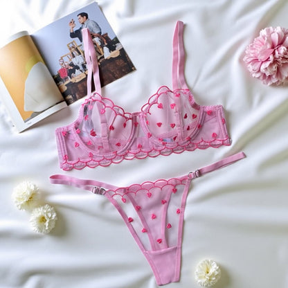 Pembe Kalpli Dantelli Balenli Balkonet Sütyen Takımı