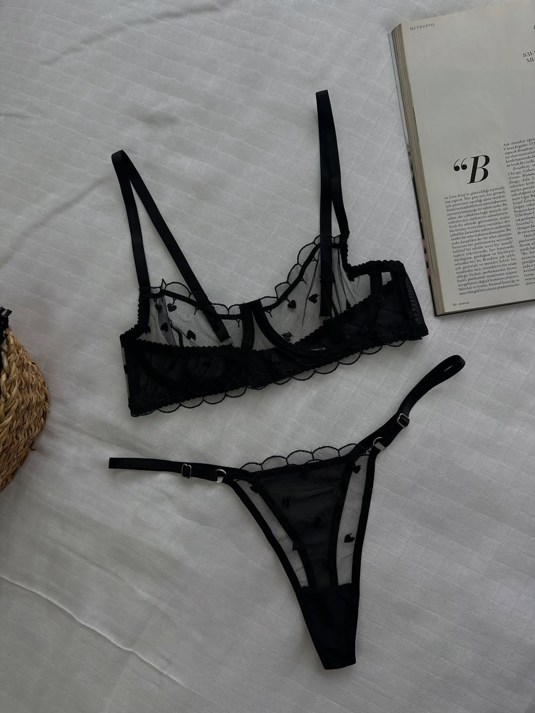 Siyah Kalpli Dantelli Balenli Balkonet Sütyen Takımı