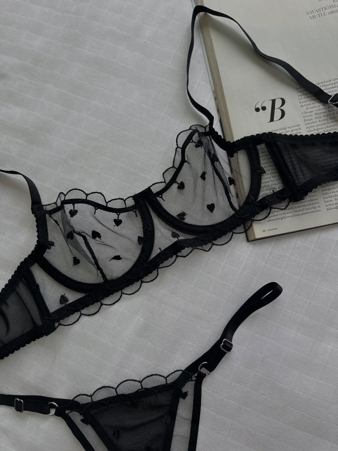 Siyah Kalpli Dantelli Balenli Balkonet Sütyen Takımı