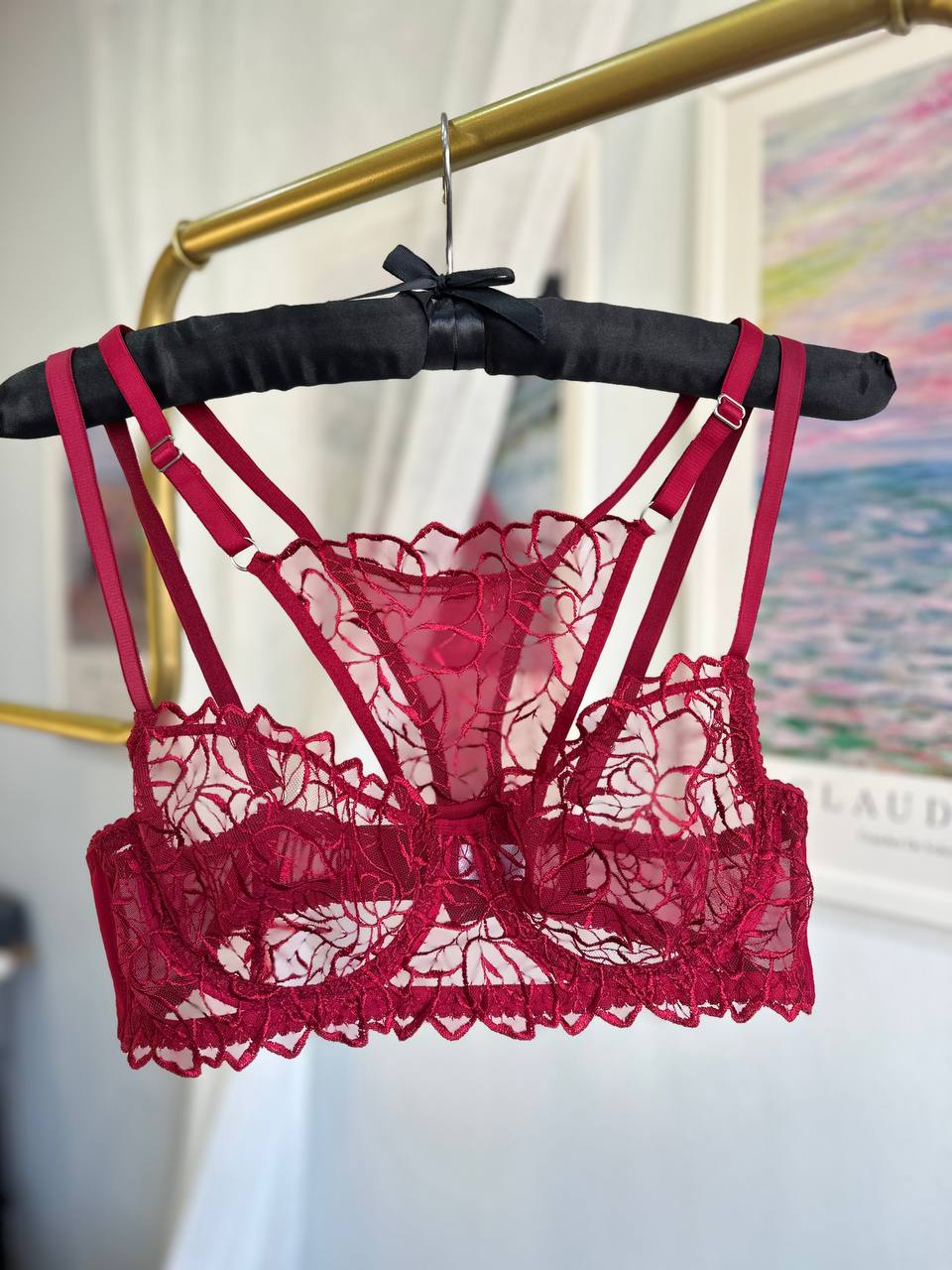 Bordo Yaprak Dantelli Balenli Balkonet Sütyen Takımı