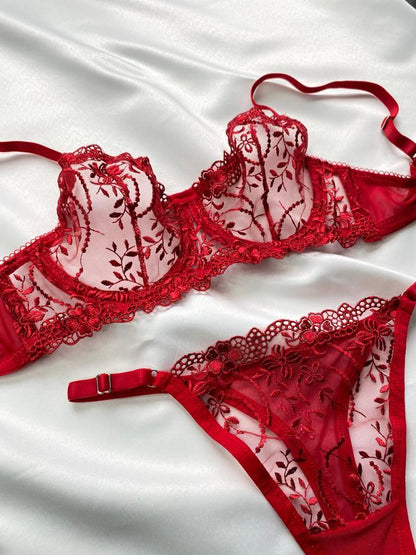 Kırmızı Çiçek Dantelli Balenli Balkonet Sütyen Takımı A1