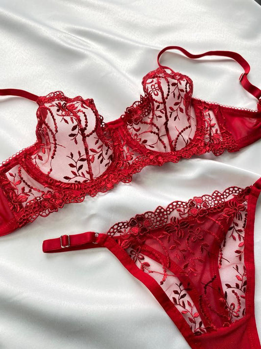 Kırmızı Çiçek Dantelli Balenli Balkonet Sütyen Takımı A1