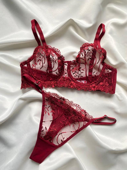 Bordo Çiçek Dantelli Balenli Balkonet Sütyen Takımı