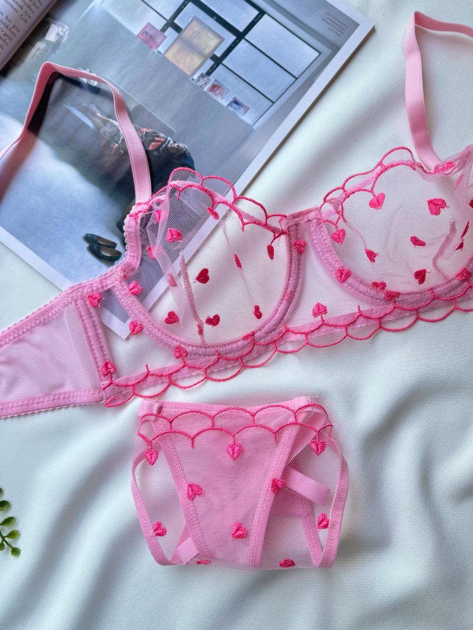 Pembe Kalpli Dantelli Balenli Balkonet Sütyen Takımı
