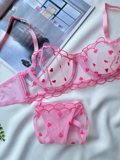 Pembe Kalpli Dantelli Balenli Balkonet Sütyen Takımı