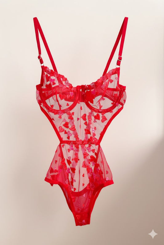 Kırmızı Pembe Kalpli Balenli Balkonet Bodysuit