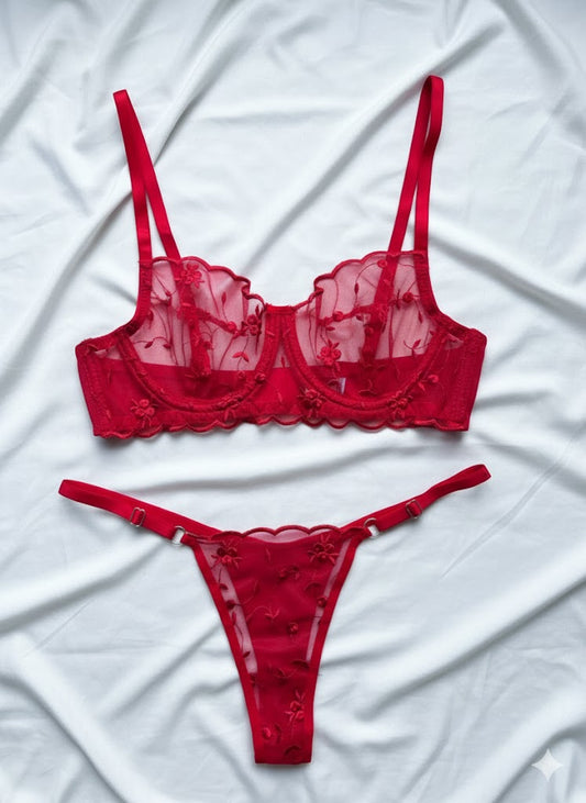 Kırmızı Çiçek Dantelli Balenli Balkonet Sütyen Takımı